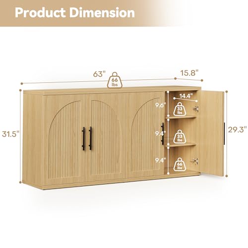 63" Fluted Buffet Cabinet, Modern Arched Sideboard Credenza with Storage