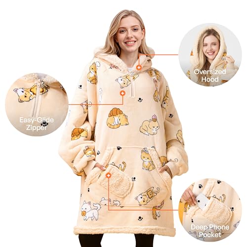 Oversized Wearable Blanket Hoodie with Pockets - Soft Sherpa Fleece Cat Print