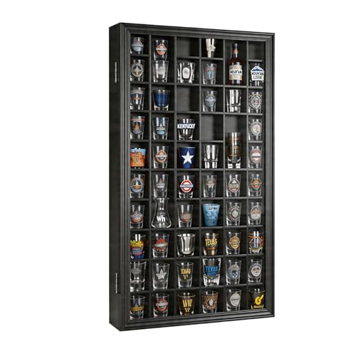 52-Slot Shot Glass Display Case, Wall-Mount Lockable Wooden Cabinet
