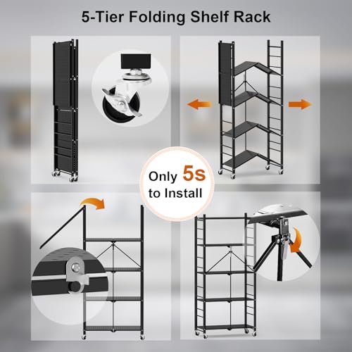 5-Tier Foldable Metal Storage Shelf with Wheels and Hooks, Black