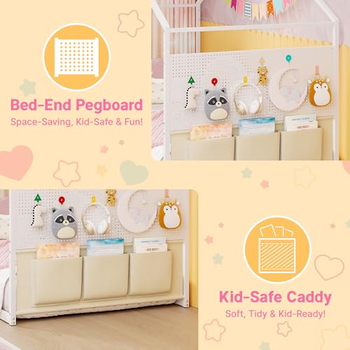 Twin Montessori House Bed Frame with Storage Caddy and Pegboard, White