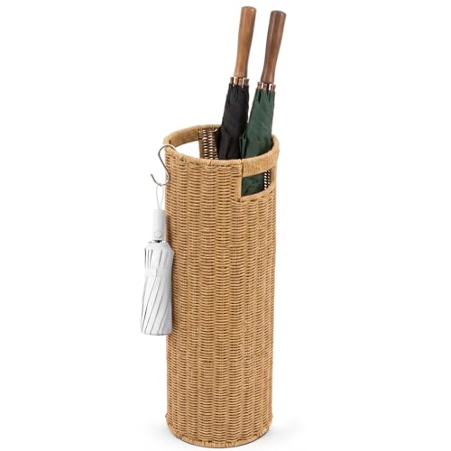 21-Inch Tall Rattan Umbrella Stand with Drip Tray and Hooks