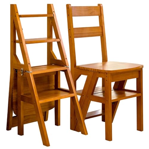 4-Tier Wooden Folding Step Ladder Chair, Multi-Function Step Stool