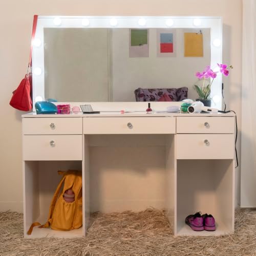 Large Vanity Desk with Framed Bulb Mirror and 5 Drawers