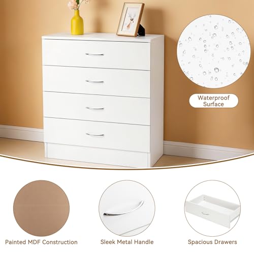 Modern 4-Drawer Dresser, White Minimalist Storage Chest for Bedroom