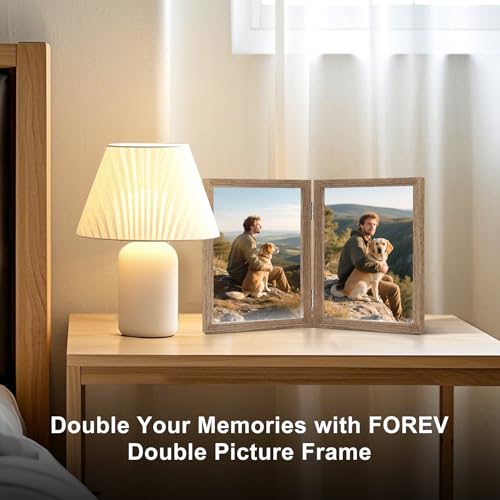 FOREV 4x6 Double Picture Frame - Wooden Hinged MDF Photo Frame (Grain)