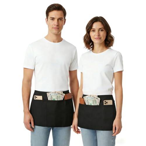 Waist Apron with 3 Pockets - Durable Black Server Apron for Waitstaff