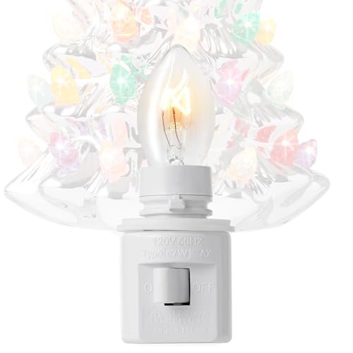 Casafield 6-Inch Silver Ceramic Christmas Tree Night Light with 28 Bulbs & Star Topper