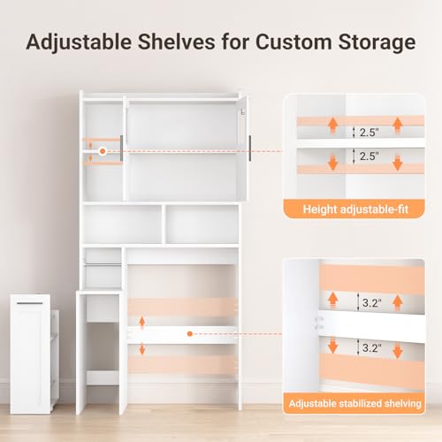 ELYKEN White Over The Toilet Storage Cabinet with Acrylic Doors & Pulley - Space-Saving Bathroom Organizer