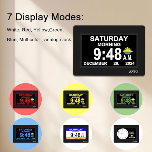 7-Inch Digital Day Calendar Clock - Auto-Dimmable Display with 12 Alarms