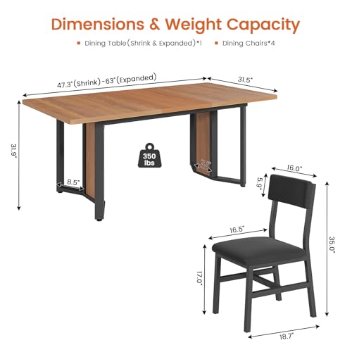 5-Piece Extendable Dining Table Set with 4 Cushioned Chairs, 63-Inch