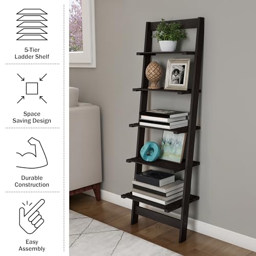 5-Tier Leaning Ladder Shelf, 50-Inch Narrow Wood Bookcase in Black