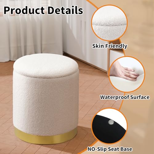 Round Boucle Storage Ottoman with Gold Base, Plush Vanity Foot Stool