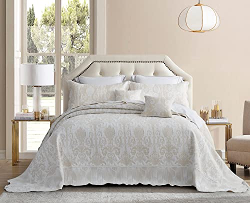 Oversized King Bedspread Set - Ivory Jacquard Matelasse, 5-Piece