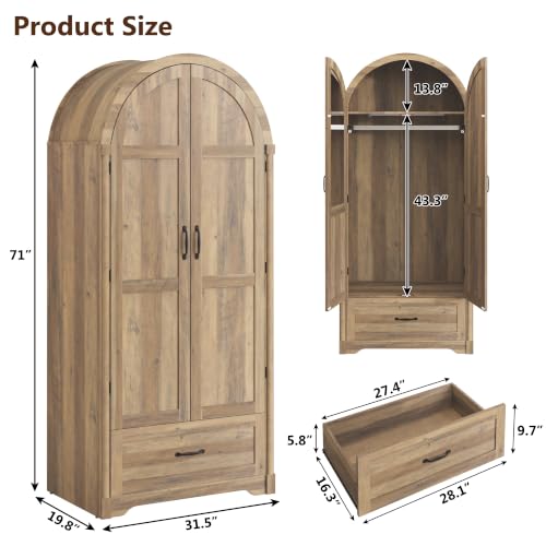 71" Arched Wooden Wardrobe Armoire with Mirror, Drawers, and Hanging Rod