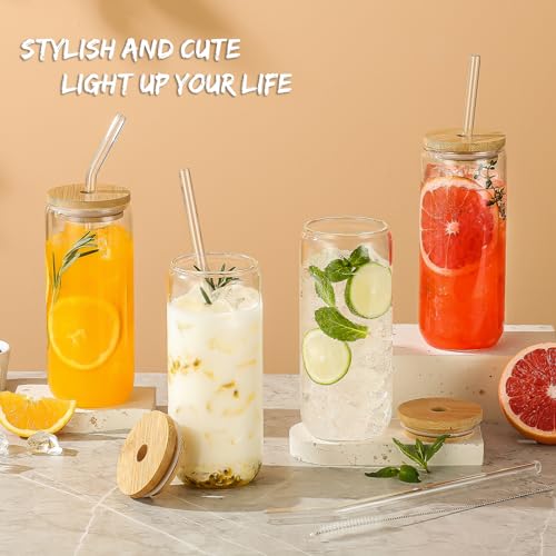 20 Oz Glass Drinking Set with Bamboo Lids & Straws - 8 Pcs