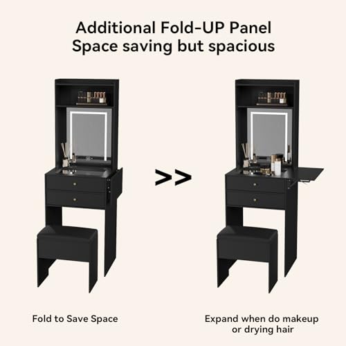 Small Vanity Desk with LED Mirror, Storage Stool & Foldable Side Panel