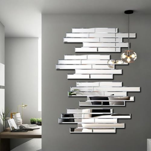 Set of 4 Beveled Wall Mirrors - 24x8 Inch Decorative Silver Glass Panels