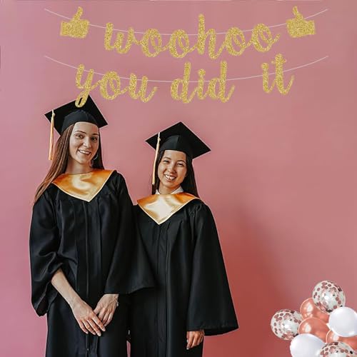 Woohoo You Did It Graduation Banner - Pre-Strung Gold Glitter 2024 Decor