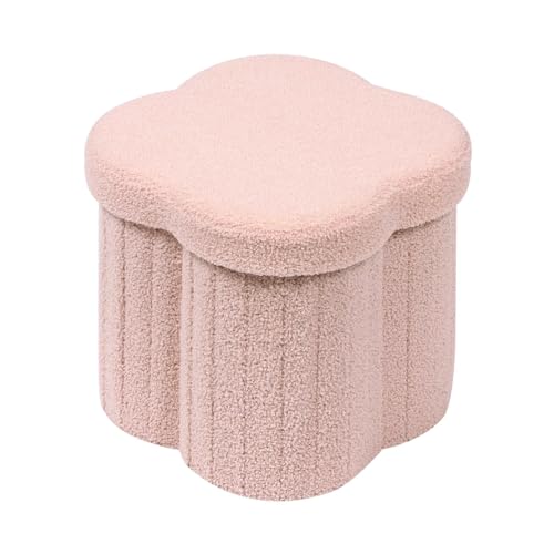 Flower Shaped Storage Ottoman Cube - Faux Teddy Fur Footstool (Pink, 12.6")
