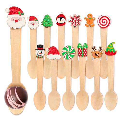 FYSUIMU 120 Pcs Christmas Wooden Spoons – Classic Styles Disposable Tasting Spoons 5.5 in