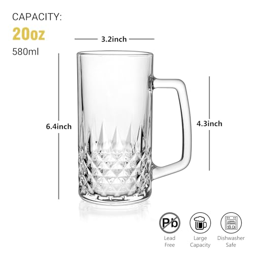 20oz Crystal Beer Mugs with Handle - Set of 2 Freezer-Safe Glass Steins