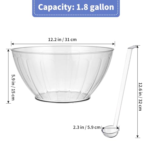 1.8 Gallon Clear Plastic Punch Bowl with Matching Ladle for Parties