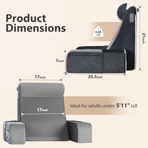 60° Wedge Reading Pillow with Adjustable Arms & Side Pockets - Gray