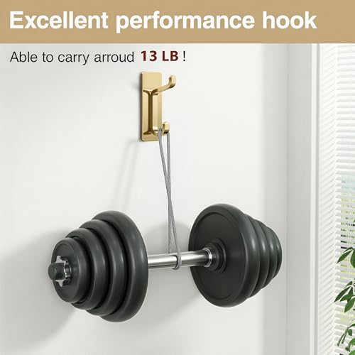 Brushed Gold Self-Adhesive Wall Hooks - Heavy Duty 12lb Towel & Coat Hooks