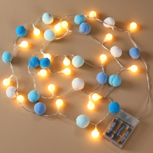 Nakolulu 2-Pack Blue 6.54ft Pom Pom Fairy Lights 20 LEDs Battery Operated