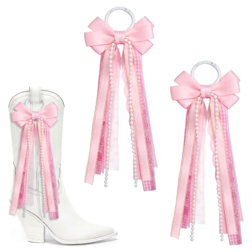 Pink Cowgirl Boot Bows with Pearls - Western Accessories (2 Pack)