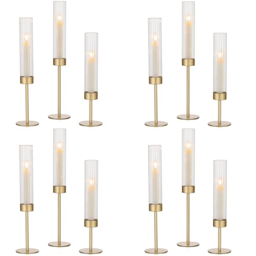 Hewory Gold Hurricane Candle Holders 12PCS Matte Brass Taper Candlestick Set