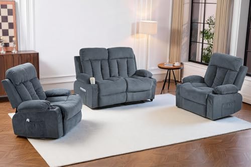 3-Piece Manual Reclining Sofa Set with Massage, Heating and Cup Holders