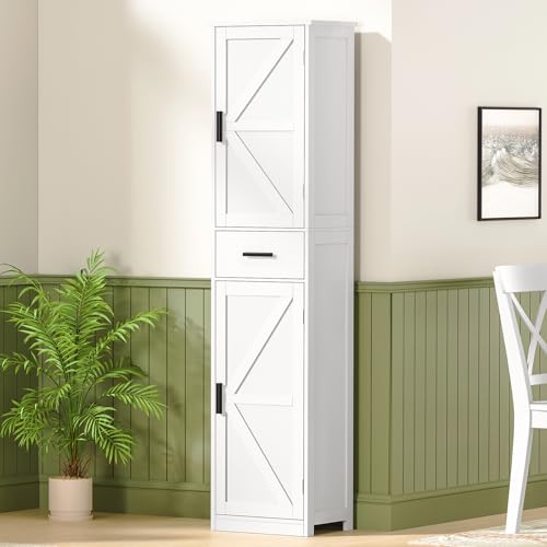Tall Bathroom Storage Cabinet with Drawer and 6 Adjustable Shelves, White