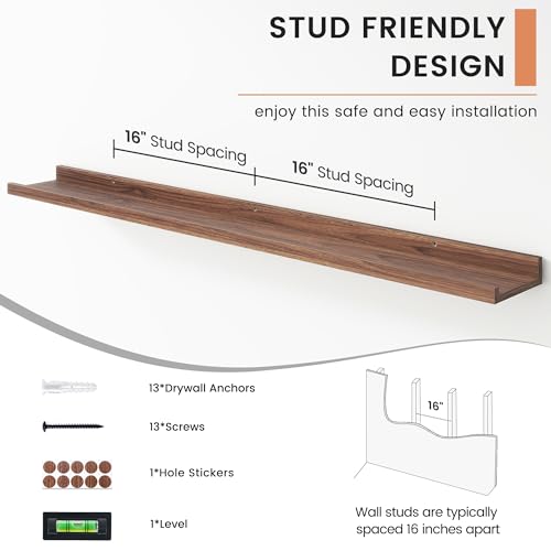 48-Inch Floating Picture Ledge Shelves - Set of 4 Wall-Mounted Wood Shelves