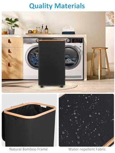 efluky 100L Rolling Laundry Basket with Lid & Removable Bag, Black