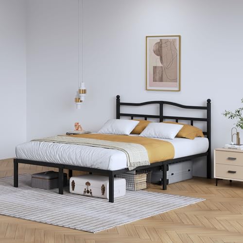 Queen Size 14-Inch Metal Platform Bed Frame with Headboard, Heavy Duty