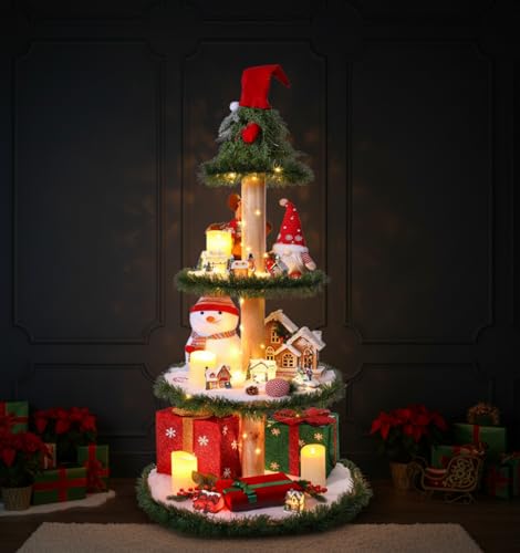 4-Tier Wooden Christmas Tree Display Shelf with Lights & Garland (4 ft)