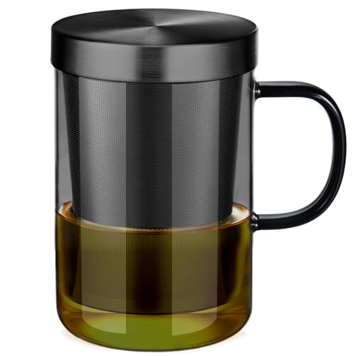 Ecooe 16.9oz Borosilicate Glass Tea Cup with Infuser & Lid - Black 430ml