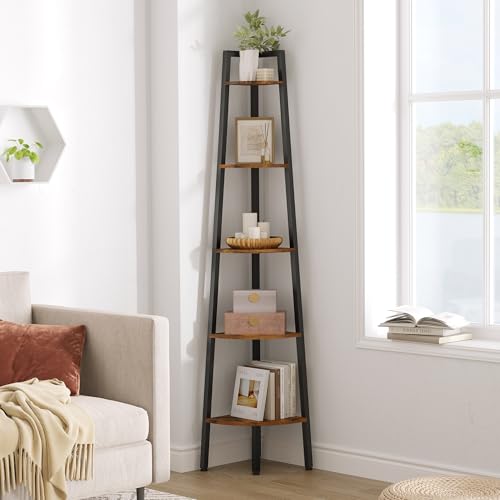 5-Tier Corner Bookshelf, Industrial Rustic Wood Ladder Display Stand