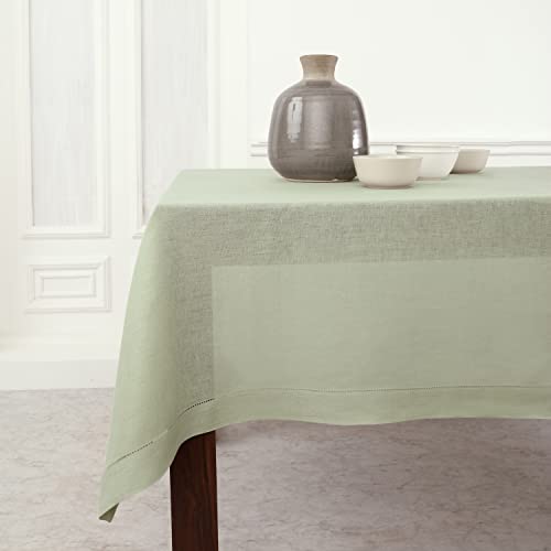 Sage Green Linen Tablecloth 60 x 90 Inches with Hemstitch - Elegant Home Dining Decor
