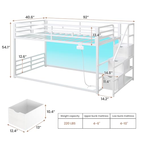 Low Twin Over Twin Bunk Bed with Storage Stairs, RGB Lights & Power Outlet