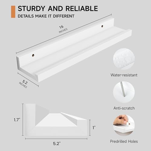 16-Inch White Floating Picture Ledge Shelves, Set of 2 Solid Wood Wall Shelves