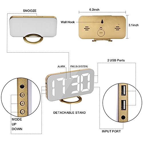 Digital Alarm Clock with LED Mirror Display & Dual USB Charging Ports - Gold