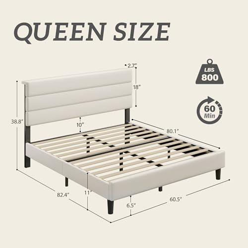 Queen Upholstered Platform Bed Frame with Velvet Headboard, Beige