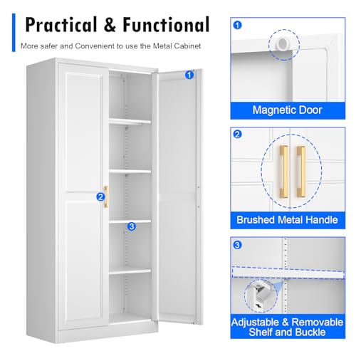 71" Tall White Metal Kitchen Pantry Cabinet with Doors & Adjustable Shelves