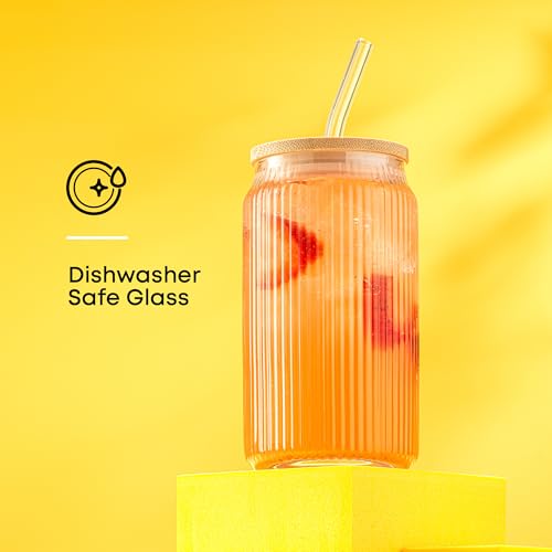 Ribbed Glass Tumblers with Bamboo Lids and Straws, 16oz Set of 4