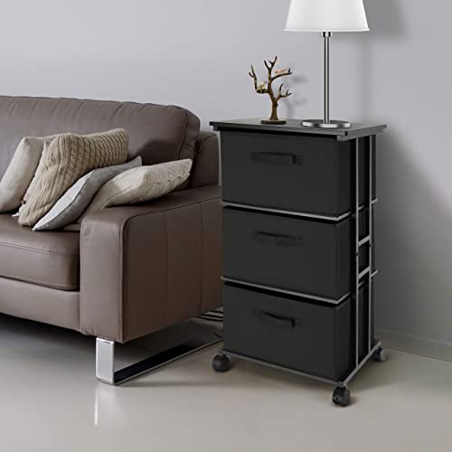 3-Drawer Fabric Storage Tower - Rolling Slim Dresser Organizer (Black)
