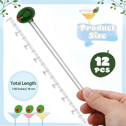 Qinyoung Martini Olive Glass Drink Stirrers - Reusable 7 Inch Cocktail & Coffee Swizzle Sticks (12 Pack)