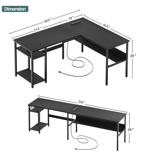 Reversible L-Shaped Computer Desk with Power Outlets and USB Charging Ports